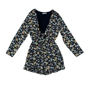 Wild Honey Women's Large Black Floral Festival Casual Long Sleeve Short Romper